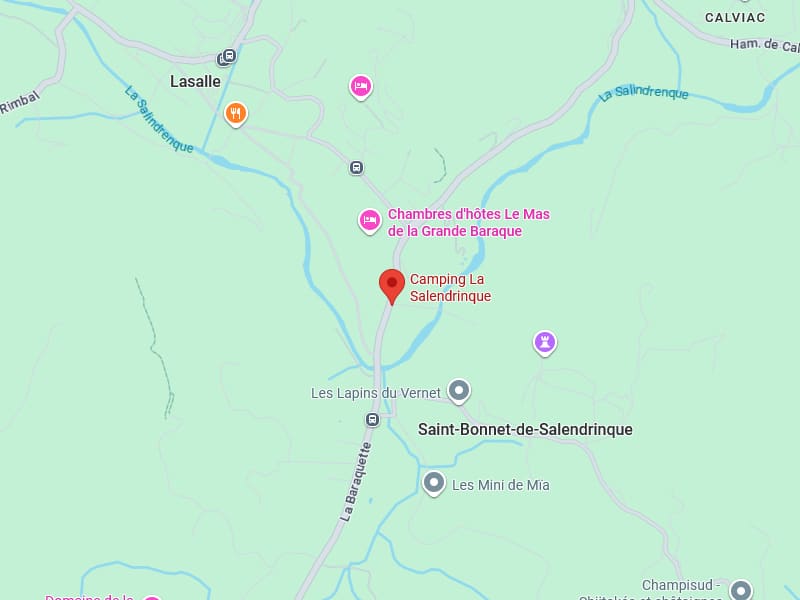 Camping La Salendrinque près de Lasalle et Saint-Bonnet Carte indiquant l'emplacement du Camping La Salendrinque, près de Lasalle, Saint-Bonnet-de-Salindrinque, sur le cours d'eau La Salindrenque.